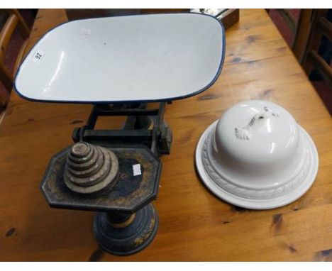 Old Avery scales with weights and large ceramic cheese dish with cover