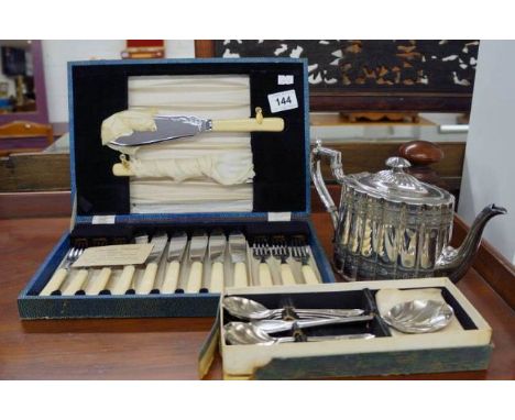 Plated tea pot, boxed fish knives set and boxed spoons