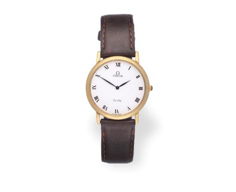 An 18 Carat Gold Wristwatch, signed Omega, model: De Ville, circa 2000, quartz movement, white dial with Roman numerals, snap