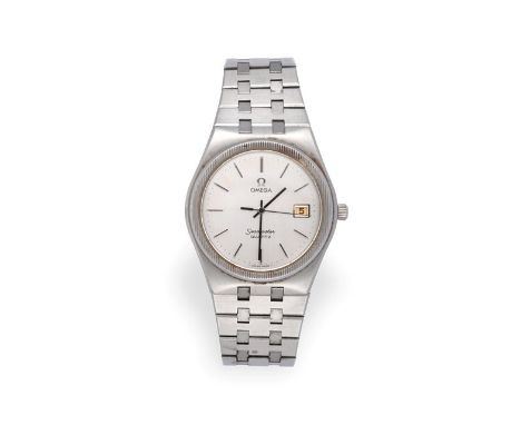 A Stainless Steel Calendar Centre Seconds Wristwatch, signed Omega, model: Seamaster, circa 1975, quartz movement, silvered d