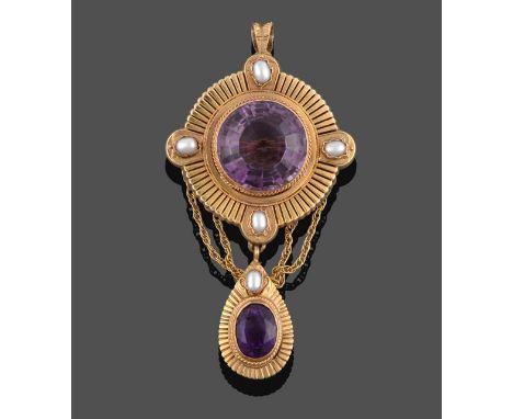 An Amethyst and Cultured Pearl Pendant/Brooch, a round cut amethyst in a yellow rubbed over setting within a circular frame w