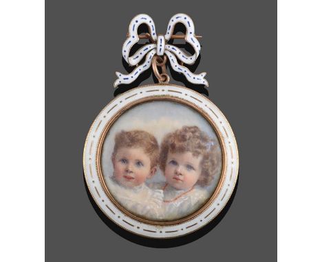 An Enamel Portrait Brooch, a bow motif enamelled in blue and white suspends a circular frame enamelled in white with etched g