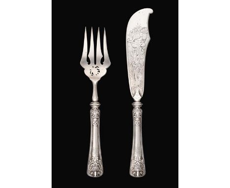 A Pair of Russian Silver Fish-Servers, by Fabergé, With Imperial Warrant, Moscow, Late 19th Century, the handle of each with 