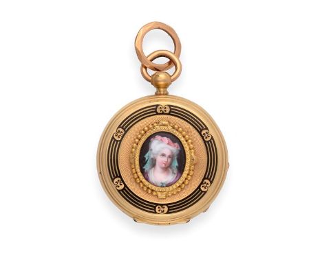 A Lady's 18 Carat Gold and Enamel Fob Watch, signed Junod Freres, Geneve, circa 1840, frosted gilt finished cylinder movement