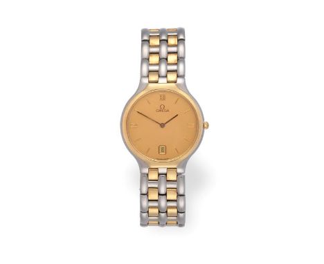 A Bi-metal Calendar Wristwatch, signed Omega, model: DeVille, circa 1995, quartz movement, champagne coloured dial with Roman