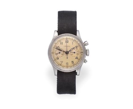 A Stainless Steel Chronograph Wristwatch, signed Lemania, circa 1945, (calibre 3729) lever movement signed, silvered dial wit