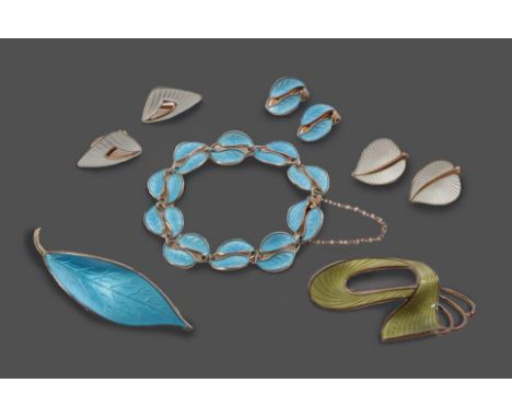 A Collection of Norwegian Enamelled Jewellery, comprising of a twin leaf bracelet and pair of earrings and a single leaf broo