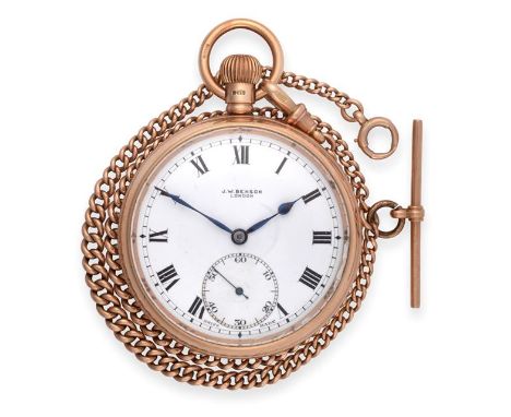 A 9 Carat Gold Open Faced Keyless Pocket Watch, signed J.W.Benson, London, 1929, lever movement signed, enamel dial with Roma