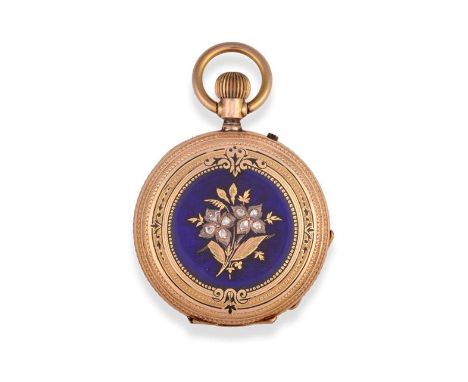 A Lady's 18 Carat Gold Enamel and Diamond Set Full Hunter Fob Watch, signed Sandoz &amp; Co, Geneve, circa 1890, cylinder mov