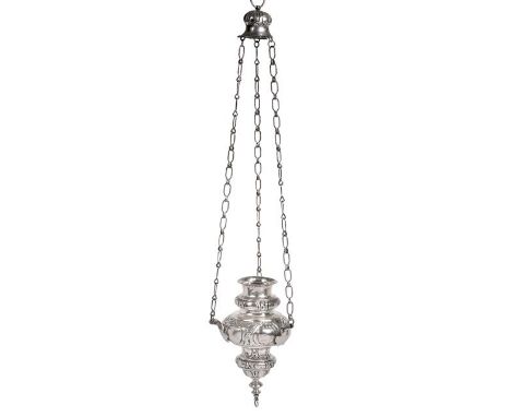 A Silver Sanctuary Lamp, Apparently Unmarked, Possibly 18th Century, baluster, the sides chased with vacant cartouches separa