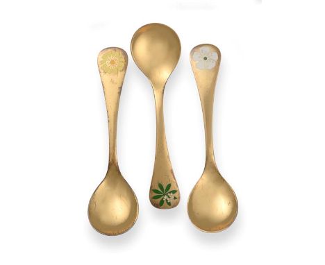 A Cased Set of Six Danish Silver-Gilt and Enamel Spoons, by Georg Jensen, Copenhagen, 1971-1976, With English Import Marks fo