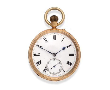 An 18 Carat Gold Open Faced Keyless Pocket Watch, 1893, lever movement, enamel dial with Roman numerals, seconds dial, inside