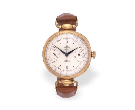 An Early 18 Carat Gold Single Push Chronograph Wristwatch, signed Universal, Geneve, circa 1920, frosted gilt finished lever 