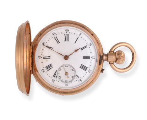 An 18 Carat Gold Full Hunter Keyless Fob Watch, signed Pateck &amp; Cie, Geneve, circa 1890, lever movement, enamel dial with