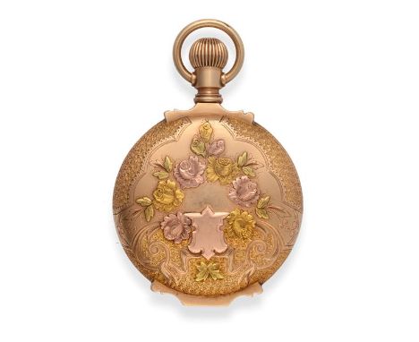 A 14 Carat Gold Full Hunter Keyless Pocket Watch, signed Elgin, 1905, lever movement signed and numbered 12443023, enamel dia
