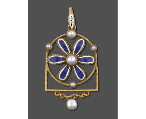 An Enamel and Cultured Pearl Pendant, a blue and white enamel bale suspends a blue and white enamel floral motif which sits w