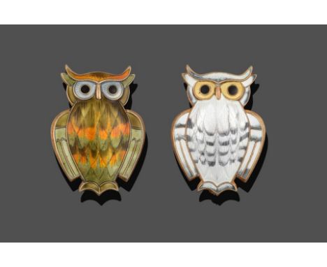 Two Enamel Owl Brooches, by David Andersen, the first guilloché enamelled in white and grey with yellow and black eyes, the o