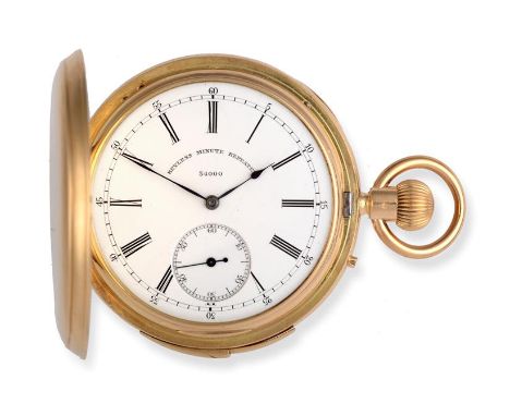 An 18 Carat Gold Minute Repeater Full Hunter Keyless Pocket Watch, signed John LeComber, 1877, lever movement signed, blued o