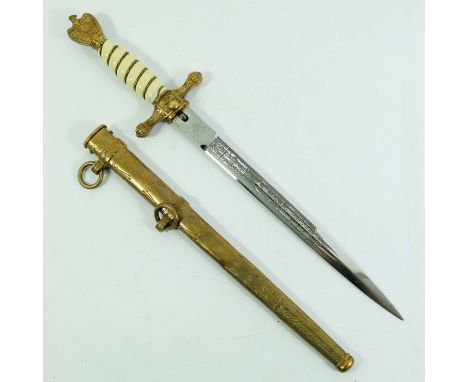 World War Two German Navy (Kriegsmarine) Officer's dress dagger, housed in hammered scabbard with two hanging strap rings, cr