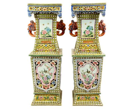 A large pair of Chinese famille rose vases, Guangxu mark and probably of the period 1875-1908, square section, reticulated an