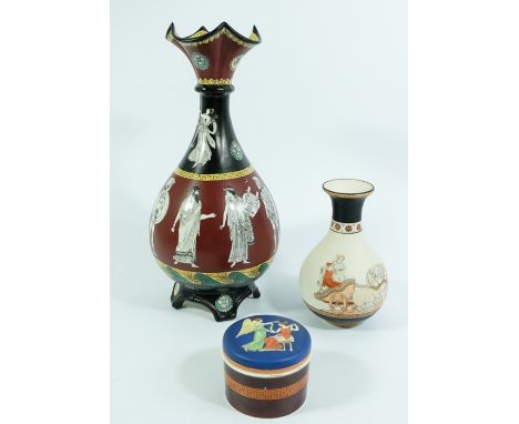 A collection of Neoclassical pottery depicting Grecian figures and Keys,  including a quatrefoil topped vase by Flaxmans name