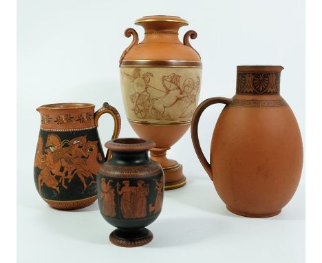 A collection of terracotta Neoclassical jugs and vases depicting classic Greek scenes, including a terracotta urn depicting a