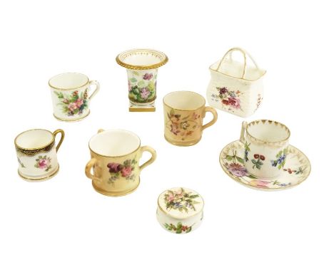 A collection of porcelain miniatures, including Royal Worcester blush ivory tyg and mug, Wedgwood mug, relief moulded basket,