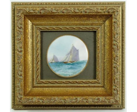 R Rushton for Royal Worcester, a marine painted plaque, 1932, signed, puce mark, 6.5cm diameter, framed