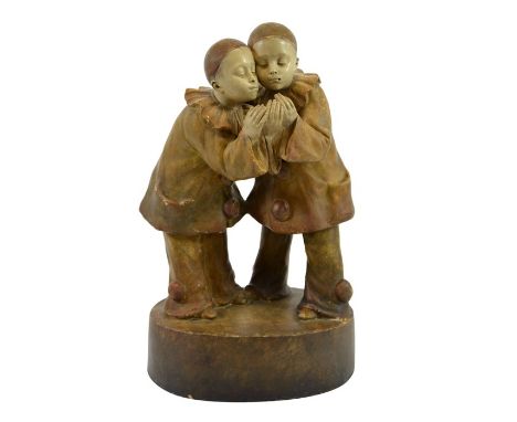 Adolphe Jean Lavergne for Goldscheider, lamp base figure group of two boy pierrots, circa 1912, model 3721, standing smoking 