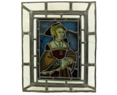 Charles Kempe (attributed), a Victorian stained glass panel of Jane Seymour, after the Holbein portrait, painted and enamelle