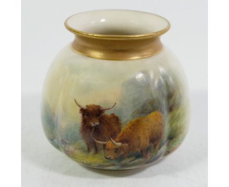 Harry Stinton for Royal Worcester, a Highland Cattle vase, 1918, squat lobed form, painted and signed, puce mark, 8.5cm high