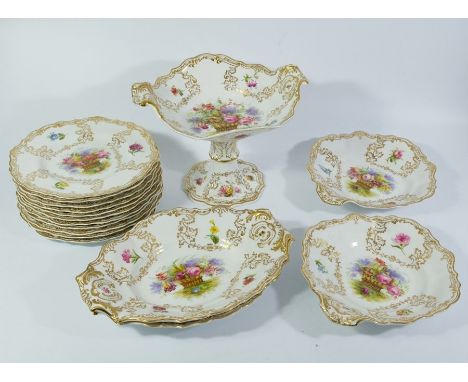 A Copeland Spode dessert service, relief moulded and floral decorated with bouquets, painted by Worrall, highlighted in gilt,