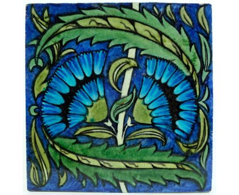 William De Morgan, a Fan tile, blue and green, Chelsea mark, 20.5cm square