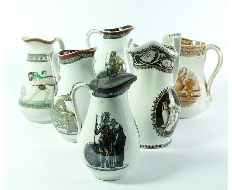 A collection of Neoclassical jugs depicting Grecian scenes, including three Flaxman jugs, one with peter lid, a J and M P B a