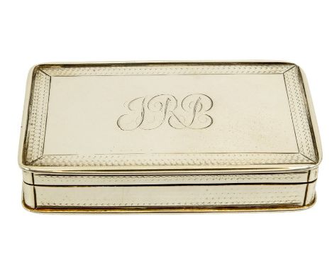 A William IV silver snuff box, Nathaniel Mills, Birmingham 1830, engine turned rectangular form with lipped rims and gilt int