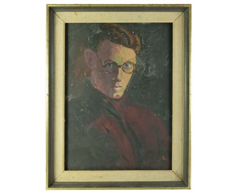 William Stanley Moore (20th century), Self Portrait together with Woman Knitting, oil on board, label verso, 45cm x 32cm and 
