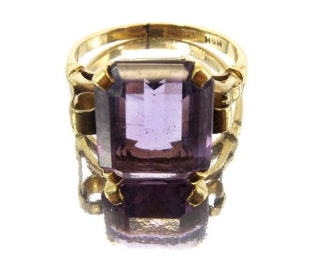 An emerald cut amethyst and 9 carat gold ring, the stone approx 12mm x 10mm, ring size approx J