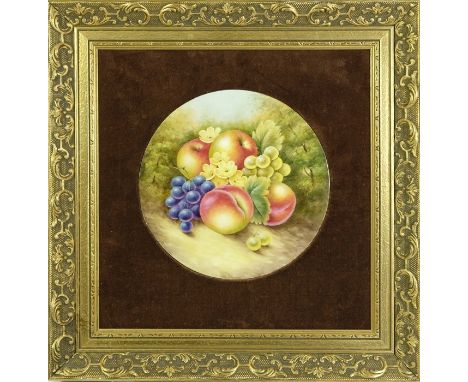John Smith, a circular fruit painted plaque, Clermont Fine China, grapes apples and peaches, by the ex Royal Worcester artist