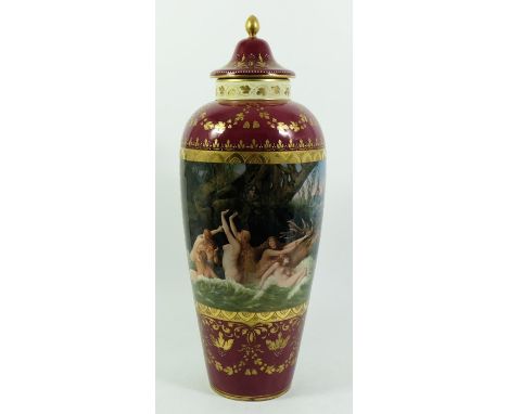 Vienna style vase and cover, shouldered form, circa 1890, the central panel painted with nude women among waves in a river wi