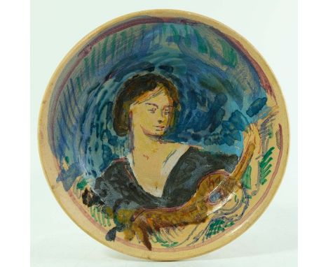 Quentin Bell for Fulham, an Art Pottery dish, painted with a portrait of a woman, stamped marks, 19cm diameter