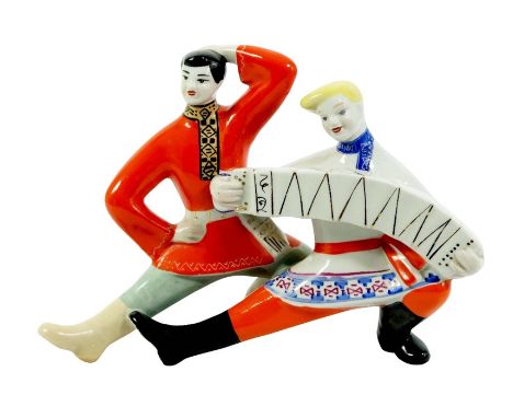 A Soviet Russian, Polonne porcelain figure group of two Cossack dancers, circa 1960, hand painted and modelled in traditional