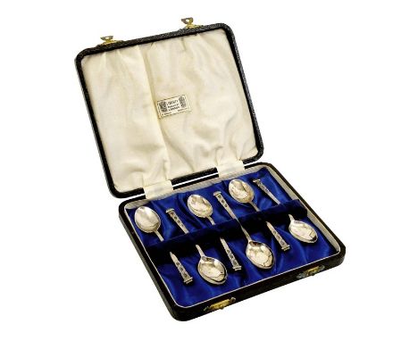 A set of six George VI Iona style silver teaspoons, Haseler and Restall, Birmingham 1946, Celtic knot finials, in a Liberty a