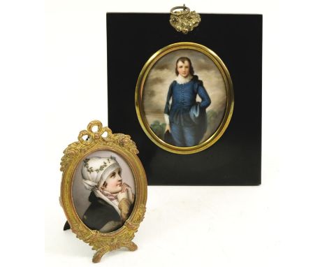 A Vienna type porcelain plaque after Gainsborough's Blue Boy, 19th century, impressed marks, together with another painted po
