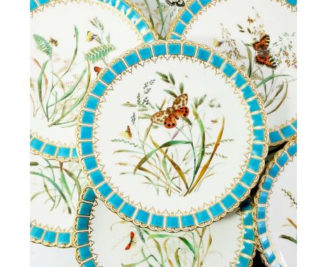 Eleven Royal Worcester dessert plates, painted with wild flowers and insects, within a turquoise panelled and gilt border, im