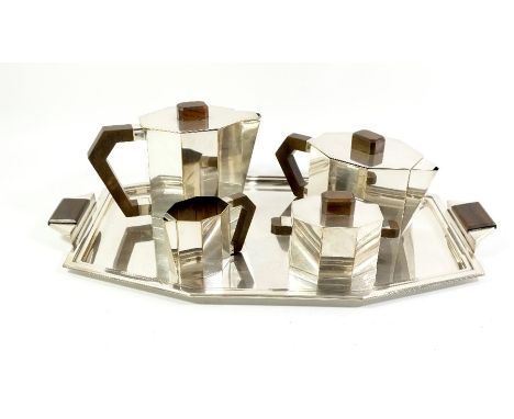 Adolphe Boulenger, an Art Deco silver plated tea and coffee service, comprising, tray, tea pot, coffee pot, sugar and cream j