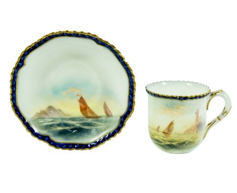 R Rushton for Royal Worcester, a marine painted demitasse cup and saucer, 1912, gadrooned borders, signed, 8.5cm diameter sau