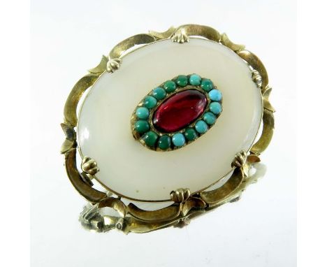 A Victorian gold, agate and turquoise brooch, the central red foil backed cabochon within a ring of turquoise, set on an opaq