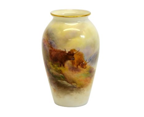 Harry Stinton for Royal Worcester, a small vase, painted with Highland cattle, 1912, shouldered form, green marks and code G 