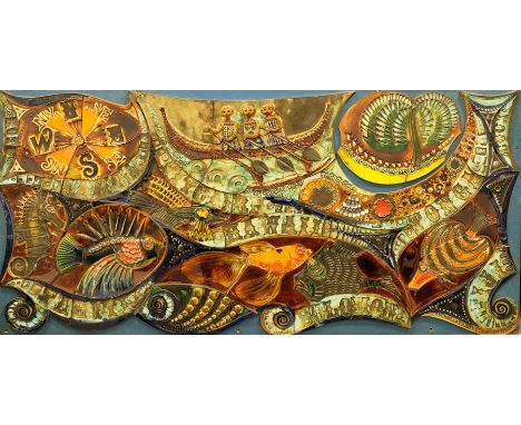 Jean and Rhys Powell, a Denbigh studio pottery tile panel, circa 1960, relief moulded with the names of Pacific islands, fish