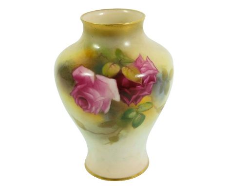 M Hunt for Royal Worcester, a rose painted vase, 1928, inverse baluster form, puce mark, 2491, 10.5cm high